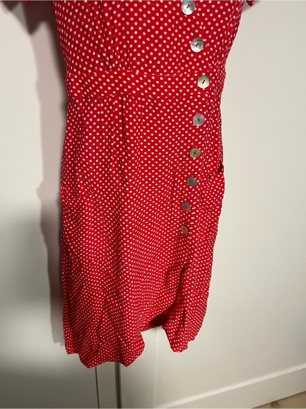Maeve by Anthropologie Red Polka Dot Button Front Midi Dress Size 2 Ruffle Hem - Picture 5 of 10